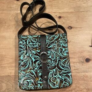 NIB Patricia Nash Brown Turquoise 💯% full grain leather crossbody bag Western